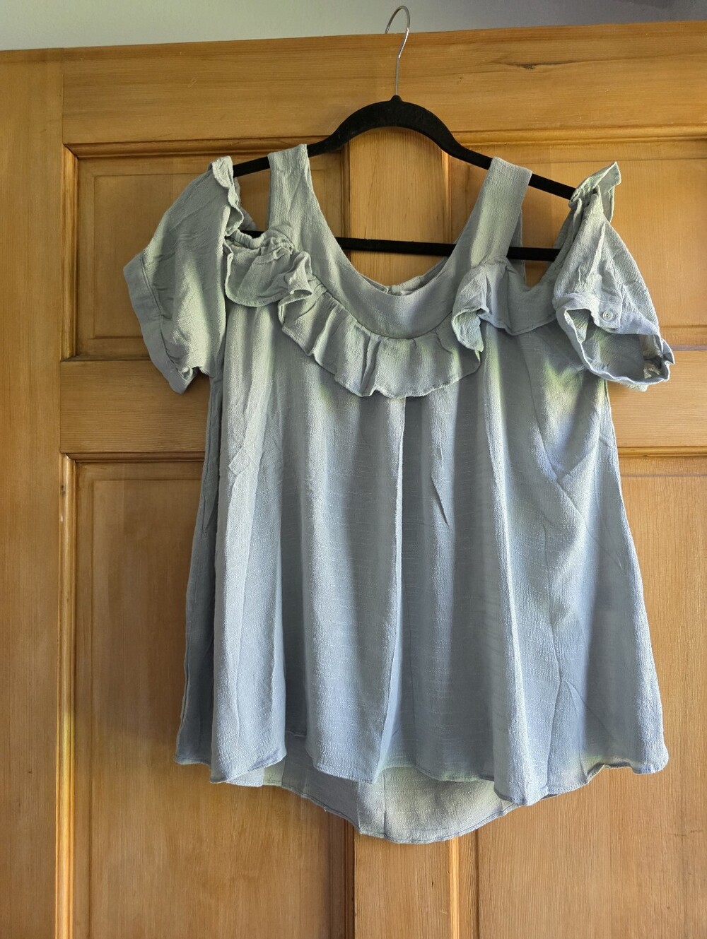Tulip B Vintage Cold-Shoulder Ruffle Blouse in Light Sage Green